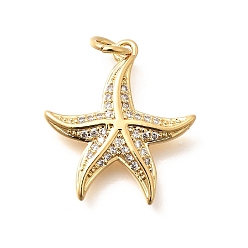 Настоящее золото 18K Латунные микропаве прозрачные подвески с фианитом, прелести морская звезда, с целью перехода в кольце, стойки покрытие, долговечный, без свинца и без кадмия, реальный 18 k позолоченный, 20.5x18.5x2.5 мм, отверстие : 3 мм