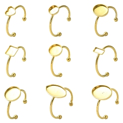 Настоящее золото 18K 9 шт. 9 стили ионное покрытие (IP) 304 компоненты открытого манжетного кольца из нержавеющей стали, закрепка колец для колодок смешанной формы, реальный 18 k позолоченный, лоток : 6~14x6~10 мм, 1.5 мм, 1 шт / стиль