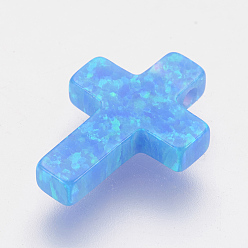 Light Blue Synthetic Opal Charms, Cross, Light Blue, 14x10x2.5mm, Hole: 1mm