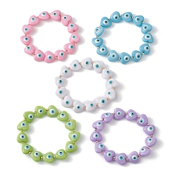 Mixed Color Resin Heart with Evil Eye Beaded Stretch Bracelets, Mixed Color, Inner Diameter: 2 inch(5.2~5.4cm)
