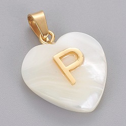 Letter P Shell Anhänger, mit 304 Edelstahl Zubehör, Herz mit Brief, golden, letter.p, 23.5x20x7 mm, Bohrung: 3.5x7 mm