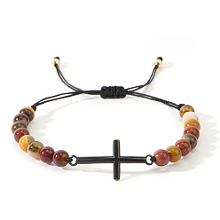 Смешанные камни Браслеты из плетеных бусин из натуральных смешанных драгоценных камней круглой формы, браслеты с подвесками крест для мужчин