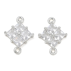 Plata Colgantes de conector de circonita cúbica transparente con pavé de latón, enlaces de rombo, plata, 17.5x12.5x3.5 mm, agujero: 1.2 mm