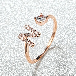 Letter N Манжеты из латуни с микро паве кубический цирконий для женщин, открытые кольца, розовое золото , Письмо N, внутренний диаметр: 16~19 мм
