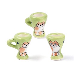 Желто-Зеленый Декоративная чашка ручной работы из фарфора в виде кошки., Ручной обращается фарфор Famille Rose, аксессуары для микроландшафта, желто-зеленый, 24~25x18~19.5x24~25.5 мм