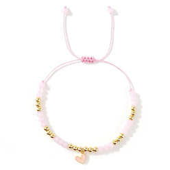 Pink Браслеты с подвесками в виде сердечек из латуни с эмалью, Браслеты из плетеных бусин из стекла и латуни для женщин, золотые, розовые, 11.02 дюйм (28 см)