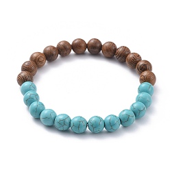 Synthetic Turquoise Stretch Bracelets, with Synthetic Turquoise Beads and Wood Beads, Round, 2-1/4 inch(5.7cm)