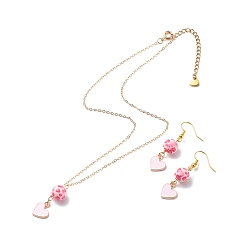 Pink Сердце из сплава эмали с кулоном из бисера из смолы, ожерелье, серьги с подвесками, украшения на тему Валентина для детей, розовые, 15.98 дюйм (40.6 см), 47 мм