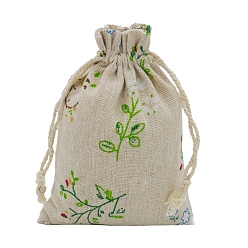 Branch Cotton Cloth Packing Pouches Drawstring Bags, Rectangle, Branch Pattern, 14x10cm