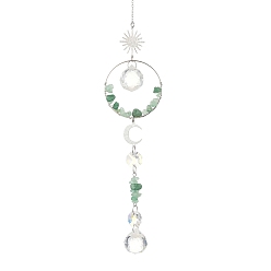 Green Aventurine Glass Beads & Natural Green Aventurine Chip Beads & Brass Hanging Suncatchers, Sun & Moon, for Garden Window Ornaments, 315mm