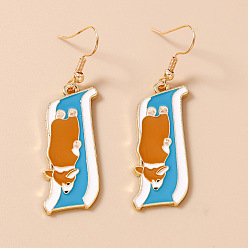 Deep Sky Blue Alloy Enamel Dangle Earrings for Women, Dog, Deep Sky Blue, 50x15mm