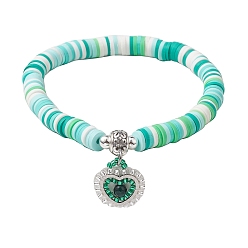 Зеленый Браслеты с подвесками в форме сердца из натуральных драгоценных камней и бисера миюки, Браслеты стрейч из полимерной глины в виде дисков из бисера, зелёные, внутренний диаметр: 2 дюйм (5.1 см)