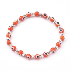 Оранжевый Круглые стрейч-браслеты из бусин ручной работы с сглазом лэмпворк, с бисером сплава Spacer, античное серебро, оранжевые, внутренний диаметр: 2 дюйм (5.2 см)