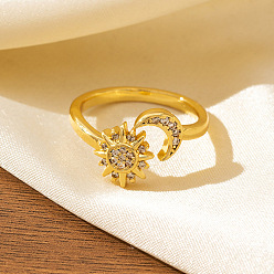 Золотой Браслет-манжета из латуни с микропаве и прозрачными кубическими циркониями для пары., луна с солнцем, золотые, размер США 4 1/4 (15~20 мм)