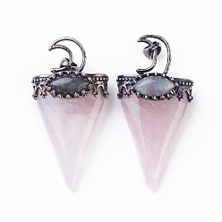 Розовый Кварц Естественно розового кварца большие кулоны, с латунной фурнитурой , треугольные, античное серебро, 53~58x28~29x16~18 мм, отверстие : 5x7 мм