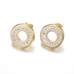 Golden 304 Stainless Steel Stud Earrings, with Polymer Clay Rhinestone, Ring, Golden, 13mm, pin: 0.8mm