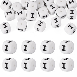 Letter I 20pcs perles de silicone écologiques de qualité alimentaire, style de lettre, cube, lettre i, 12x12x12mm, Trou: 2mm