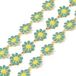 Зеленый Латунные цепные цепи, с катушкой и эмалевой хризантемой, долговечный, без кадмия, без никеля и без свинца, несварные, зелёные, 59x60 мм, около 32.81 футов (10 м) / рулон