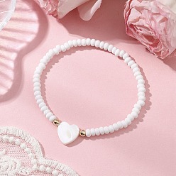 Белый Стрейч-браслеты из бисера, с натуральными пресноводными ракушками, сердце, белые, внутренний диаметр: 2-1/4 дюйм (5.6 см)
