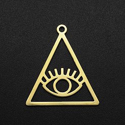 Golden 201 Edelstahl Anhänger, Laserschnitt, hohl, Dreieck mit Auge, golden, 30x26.5x1 mm, Bohrung: 2 mm