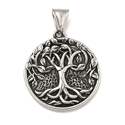 Античное Серебро 316 хирургические подвески из нержавеющей стали, плоская круглая с подвеской дерево жизни, античное серебро, 33.5x30x2.5 мм, отверстие : 4x8 мм
