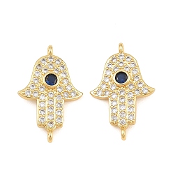 Real 18K Gold Plated Brass Micro Pave Marine Blue Cubic Zirconia Connector Charms, Hamsa Hand Links, Rack Plating, Long-Lasting Plated, Cadmium Free & Lead Free, Real 18K Gold Plated, 23x15x2.5mm, Hole: 1~1.2mm
