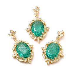 Light Sea Green Rack Plating Brass & Crushed Ice Cut Cubic Zirconia Pendants, with Rhinestone, Golden, Cadmium Free & Lead Free, Oval with Leaf, Light Sea Green, 27x22.5x7.5mm, Hole: 7.5x3.5mm