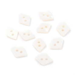 White 2-Hole, Natural Freshwater Shell Buttons, Flat Rhombus, White, 8.5~9x11~11.5x1.5~2mm, Hole: 1.5mm