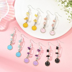 Color mezclado Pendientes colgantes de piedra preciosa natural, aleación de esmalte y hierro para mujer, cara sonriente, 304 pendientes colgantes de acero inoxidable, color acero inoxidable, color mezclado, 59x11.5 mm