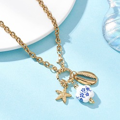 Золотой Женские ожерелья с подвесками в форме морских звезд и ракушек из белого и синего фарфора и нержавеющей стали, золотые, 304 дюйм (18.62 см)