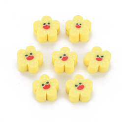 Желтый Бусины из полимерной глины , цветок с улыбающимся лицом, желтые, 9~10x4 мм, отверстие : 1.5 мм