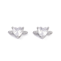 Real Platinum Plated Brass Pave Glass Connector Charms, Heart Links, Cadmium Free & Nickel Free & Lead Free, Real Platinum Plated, 5x8x3mm, Hole: 1mm