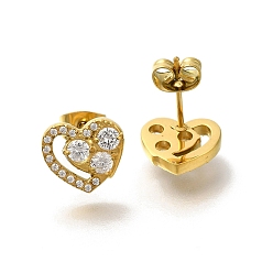 Золотой 304 Серьги-гвоздики из нержавеющей стали с прозрачным фианитом и микропаве, сердце, ионное покрытие (ip), золотые, 9.5x11 мм