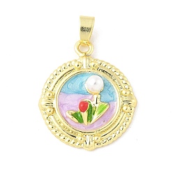 Плоский Круглый Латунь эмаль подвески, с абс пластмассовой имитационной жемчужиной, долговечный, без кадмия и без свинца, стойки покрытие, реальный 18 k позолоченный, цветок, плоско-круглые, 26.5x22.5x6 мм, отверстие : 6.4x3 мм