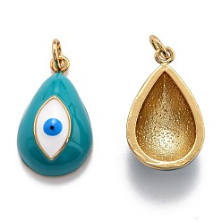 Dark Turquoise Brass Enamel Pendants, Real 18K Gold Plated, Long-Lasting Plated, Teardrop with Evil Eye, Dark Turquoise, 21x13x7mm, Hole: 3.6mm