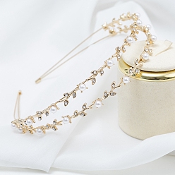 Золотой Двухслойные ленты для волос из листового металла со стразами, Пластиковые бусины из искусственного жемчуга, аксессуары для волос для женщин и девочек, золотые, 140x120 мм