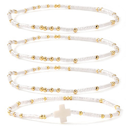 Белый 4 Наборы браслетов из эластичной ткани в богемном летнем стиле с крестом и стеклянным бисером, летние украшения для женщин, белые, внутренний диаметр: 6.50 дюйм (16.5 см)