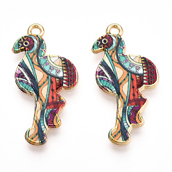 Colorful Printed Light Gold Tone Alloy Pendants, Flamingo Charms, Colorful, 28.5x14x2mm, Hole: 1.5mm