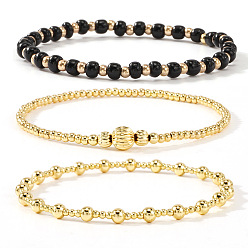 Черный 3Штукатурные браслеты из круглых бусин из стекла и латуни, эластичные., составные браслеты для женщин, золотые, чёрные, 6.50 дюйм (16.5 см) ~ 6.89 дюйм (17.5 см)