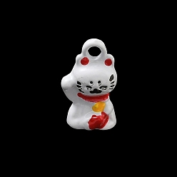 White Alloy Enamel Pendants, Maneki Neko Charms, White, 14x8x7mm, Hole: 2mm