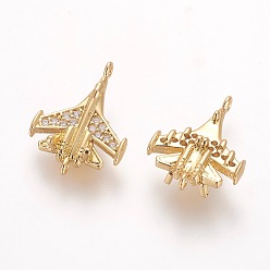 Real 18K Gold Plated Brass Cubic Fighter Airplane Zirconia Links, Long-Lasting Plated, Combat Aircraft, Real 18K Gold Plated, 16x11.8x4mm, Hole: 0.8mm