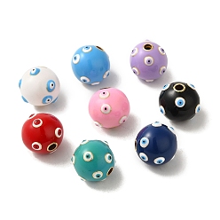 Mixed Color Brass Enamel Beads, Real 18K Gold Plated, Round with Evil Eye, Mixed Color, 15x15x14.5mm, Hole: 3mm