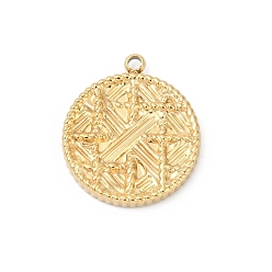 Настоящее золото 14K 304 подвески из нержавеющей стали, плоские круглые с поперечными прелести, ионное покрытие (ip), реальный 14 k позолоченный, 17.5x15.5x2 мм, отверстие : 1.5 мм