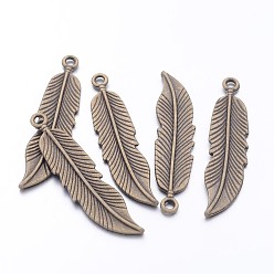 Antique Bronze Tibetan Style Alloy Pendants, Cadmium Free & Nickel Free & Lead Free, Feather, Antique Bronze, 45.5x11x2.5mm, Hole: 2mm