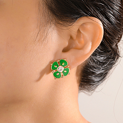 Зеленый Клипсы из цветочного сплава, золотые, со стразами, зелёные, 17x17 мм