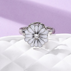 Платина Вращающиеся кольца для пальцев с микропаве из кубического циркония из латуни, с эмалью, цветок, вращающиеся кольца для медитации, успокаивающей беспокойство, платина, 15x14 мм, размер США 8 1/2 (18.5 мм)