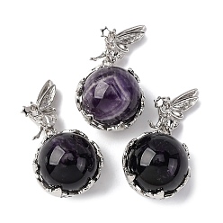 Аметист Природный аметист круглых подвесок, латунный ангел бабочка обернутый шарик драгоценные камни подвески, платина, стойки покрытие, 30.5x16.5x14 мм, отверстие : 5.5x2.5 мм