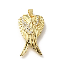 Настоящее золото 18K Покрытие стойки латунь с подвесками из фианита, долговечный, без свинца и без кадмия, крылатые прелести, реальный 18 k позолоченный, 30.5x18x4 мм, отверстие : 4x3.5 мм