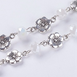 White Handmade Faceted Rondelle Glass Beads Chains, Unwelded, with Tibetan Style Alloy Links, Flower, White, 18x10x2mm, 39.37 inch(1m)/strand