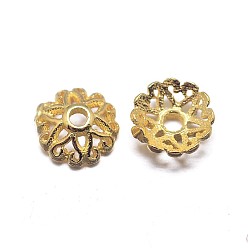 Real 18K Gold Plated Real 18K Gold Plated Multi-Petal 925 Sterling Silver Bead Caps, Flower, Golden, 6x2.2mm, Hole: 1mm, about 125pcs/20g